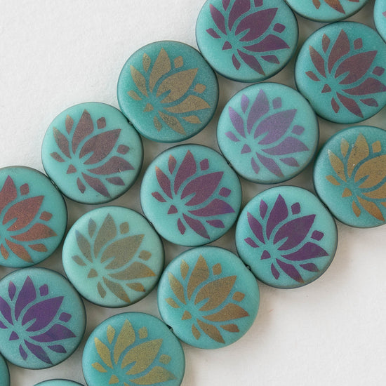 Load image into Gallery viewer, 14mm Lotus Flower Coin Beads - Seafoam/Blue - 8 beads
