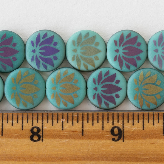 14mm Lotus Flower Coin Beads - Seafoam/Blue - 8 beads