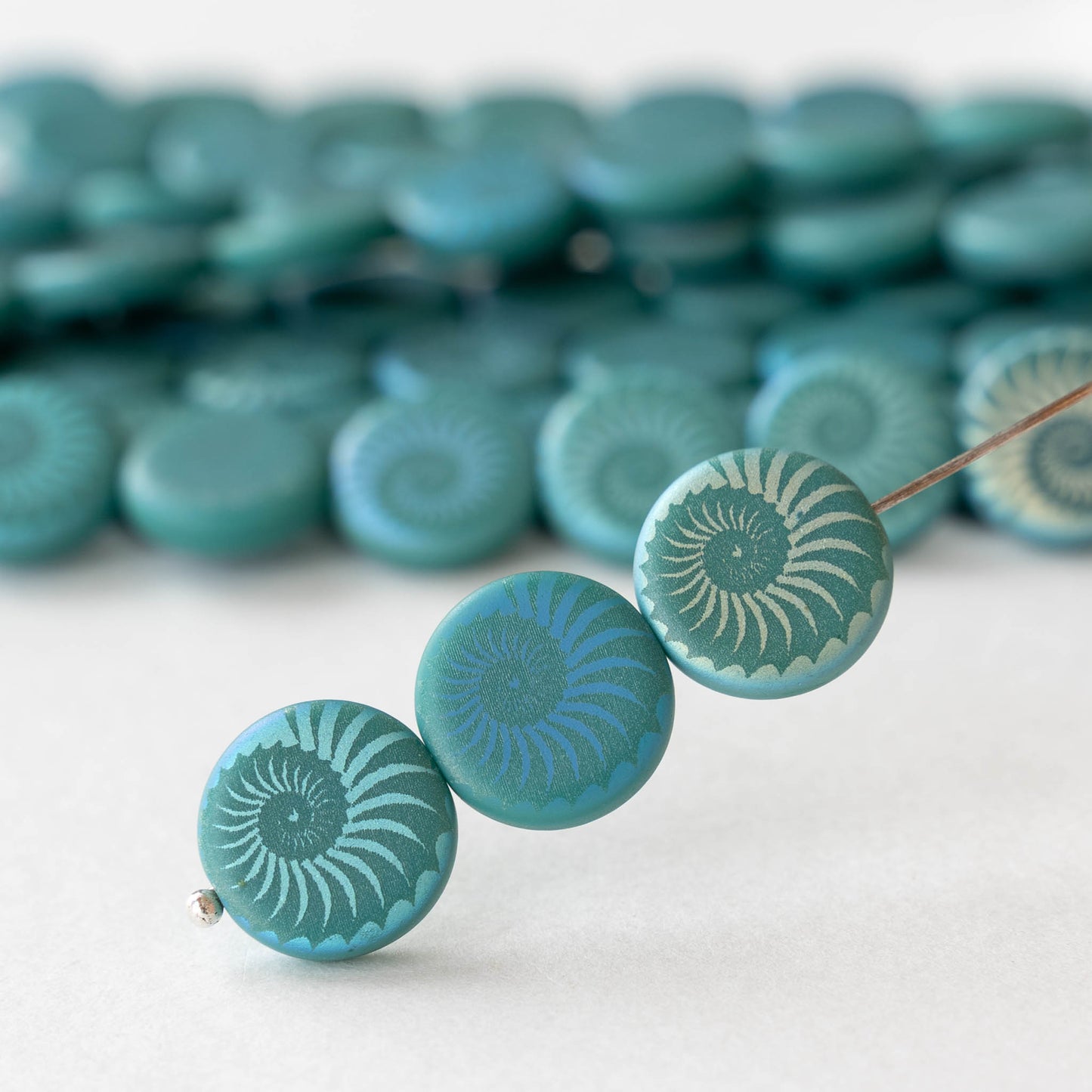 14mm Coin Beads - Matte Turquoise AB with Spiral - 8 beads