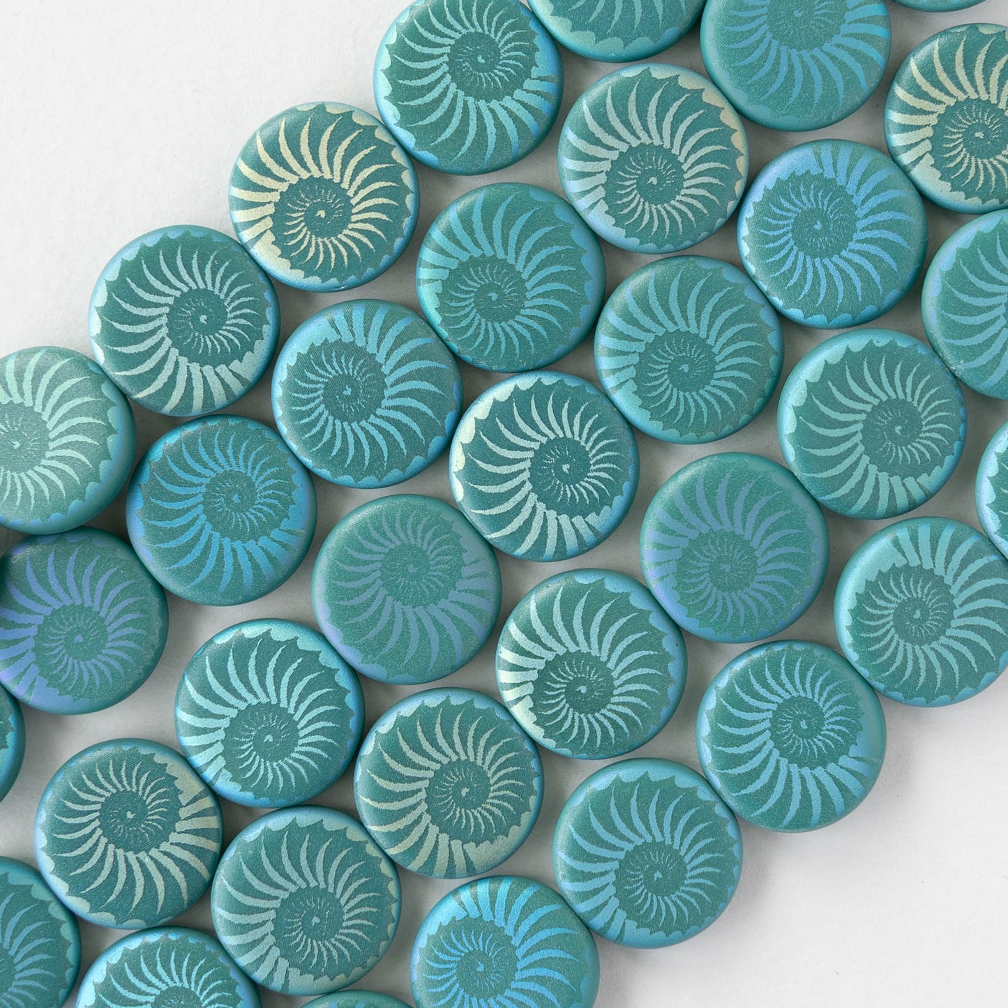 14mm Coin Beads - Matte Turquoise AB with Spiral - 8 beads