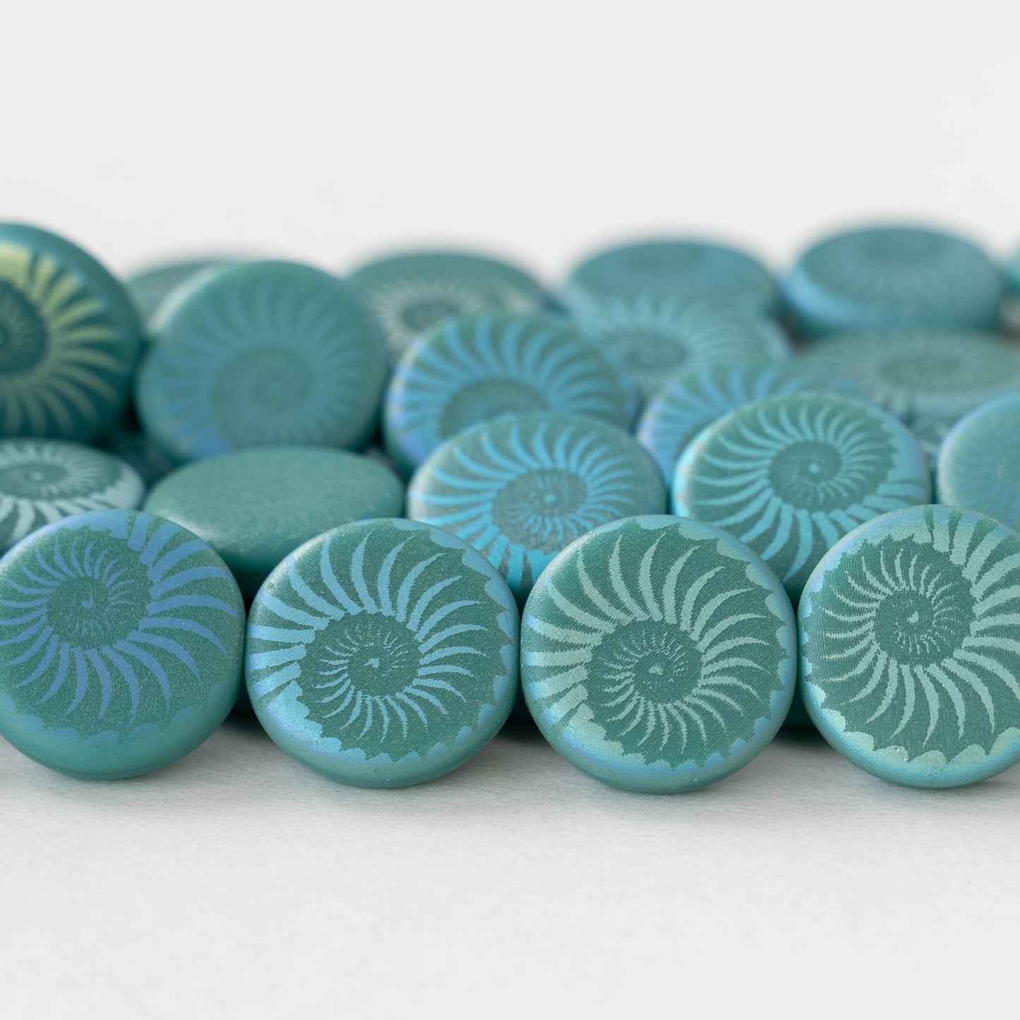 14mm Coin Beads - Matte Turquoise AB with Spiral - 8 beads