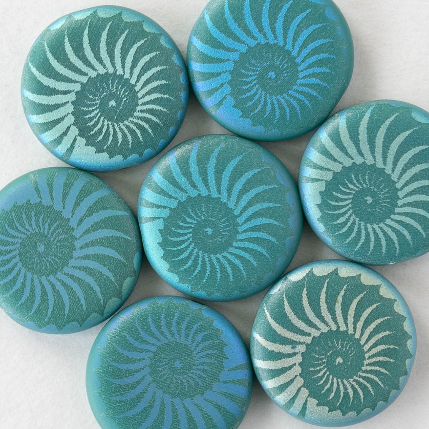 14mm Coin Beads - Matte Turquoise AB with Spiral - 8 beads