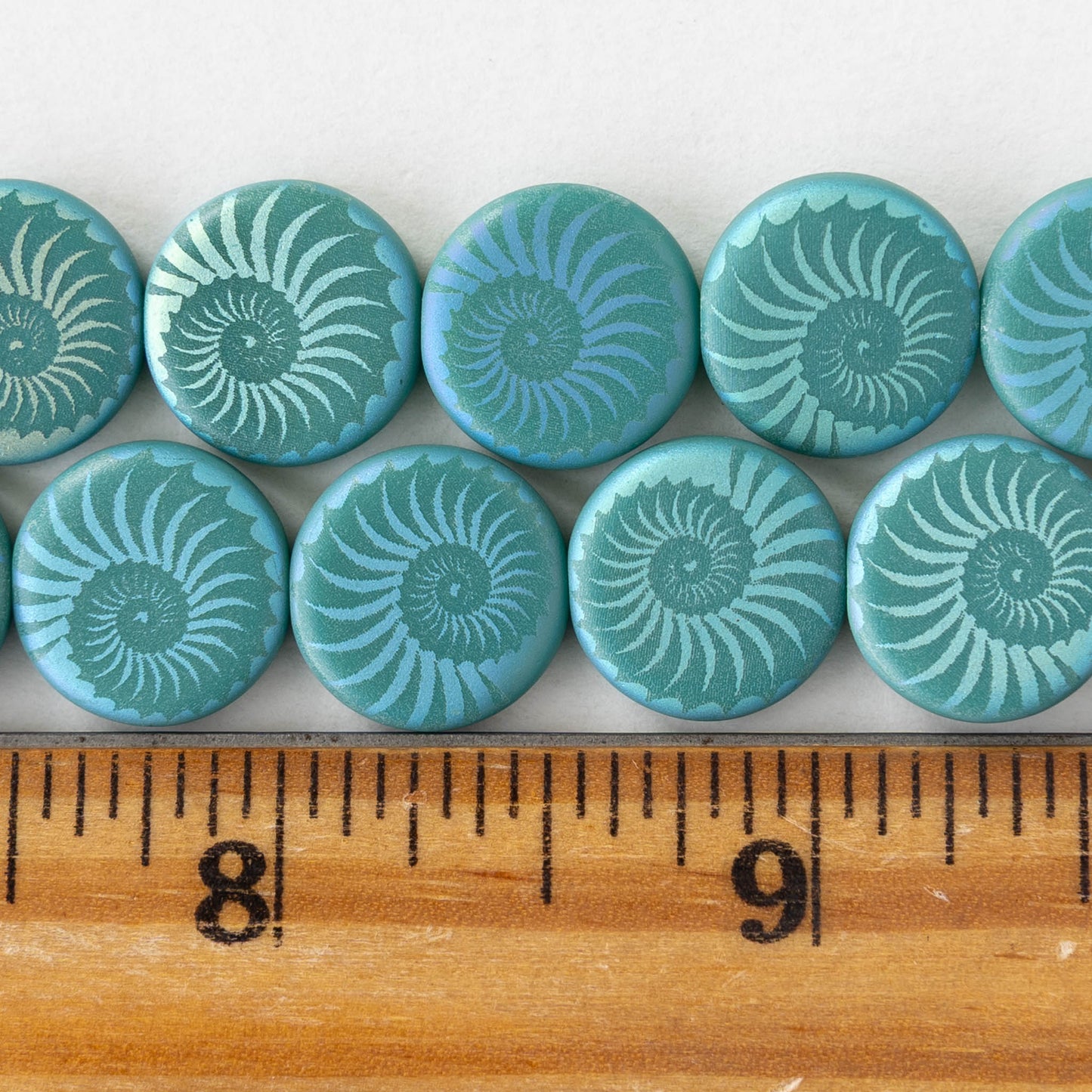 14mm Coin Beads - Matte Turquoise AB with Spiral - 8 beads