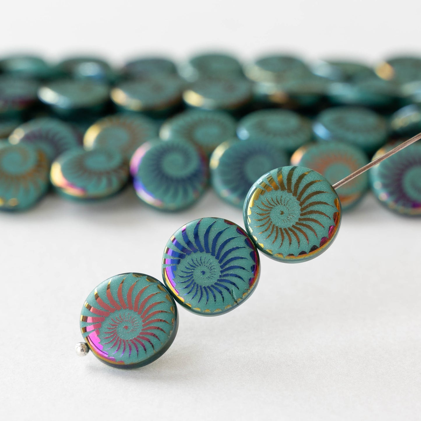 14mm Coin Beads - Turquoise Iris Spiral - 8 beads