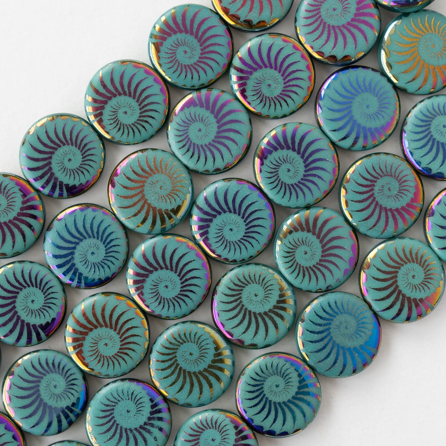 14mm Coin Beads - Turquoise Iris Spiral - 8 beads