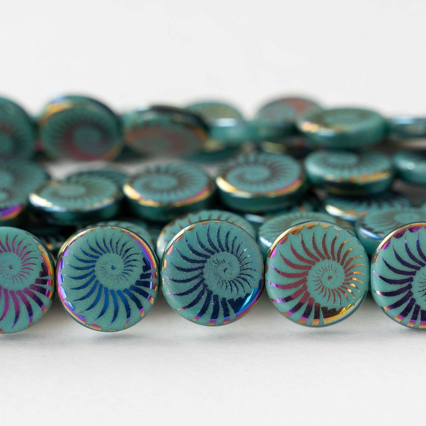 14mm Coin Beads - Turquoise Iris Spiral - 8 beads