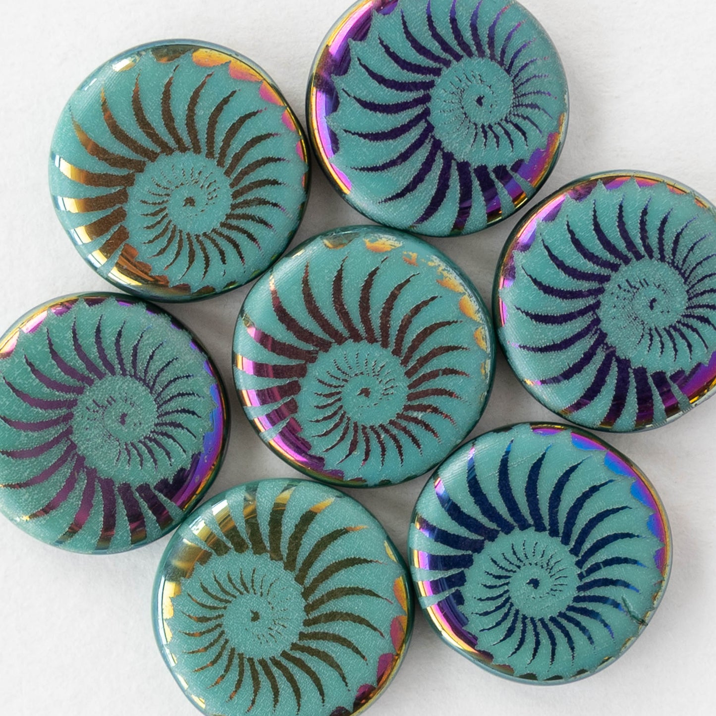 14mm Coin Beads - Turquoise Iris Spiral - 8 beads