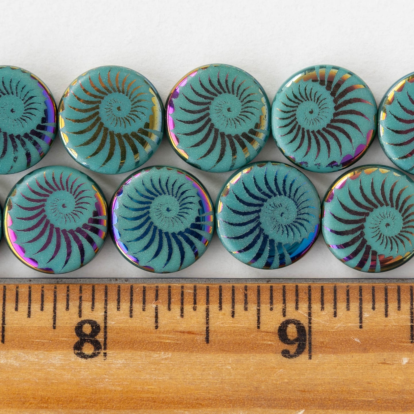 14mm Coin Beads - Turquoise Iris Spiral - 8 beads