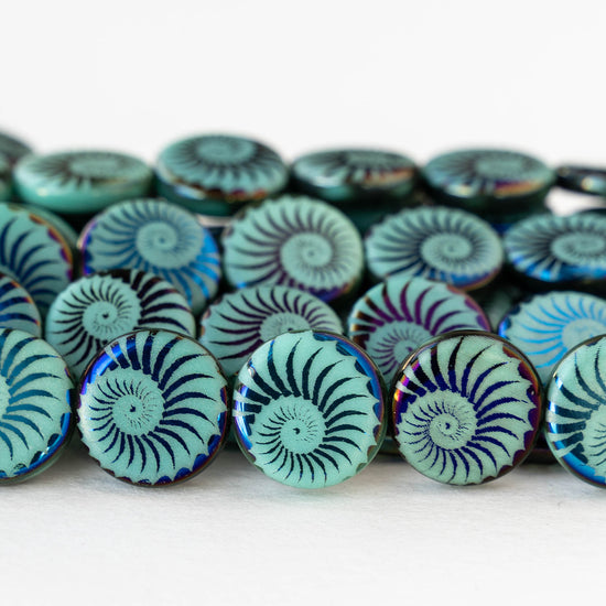 14mm Coin Beads - Opaque Turquoise with Metallic Blue Spiral - 8 beads