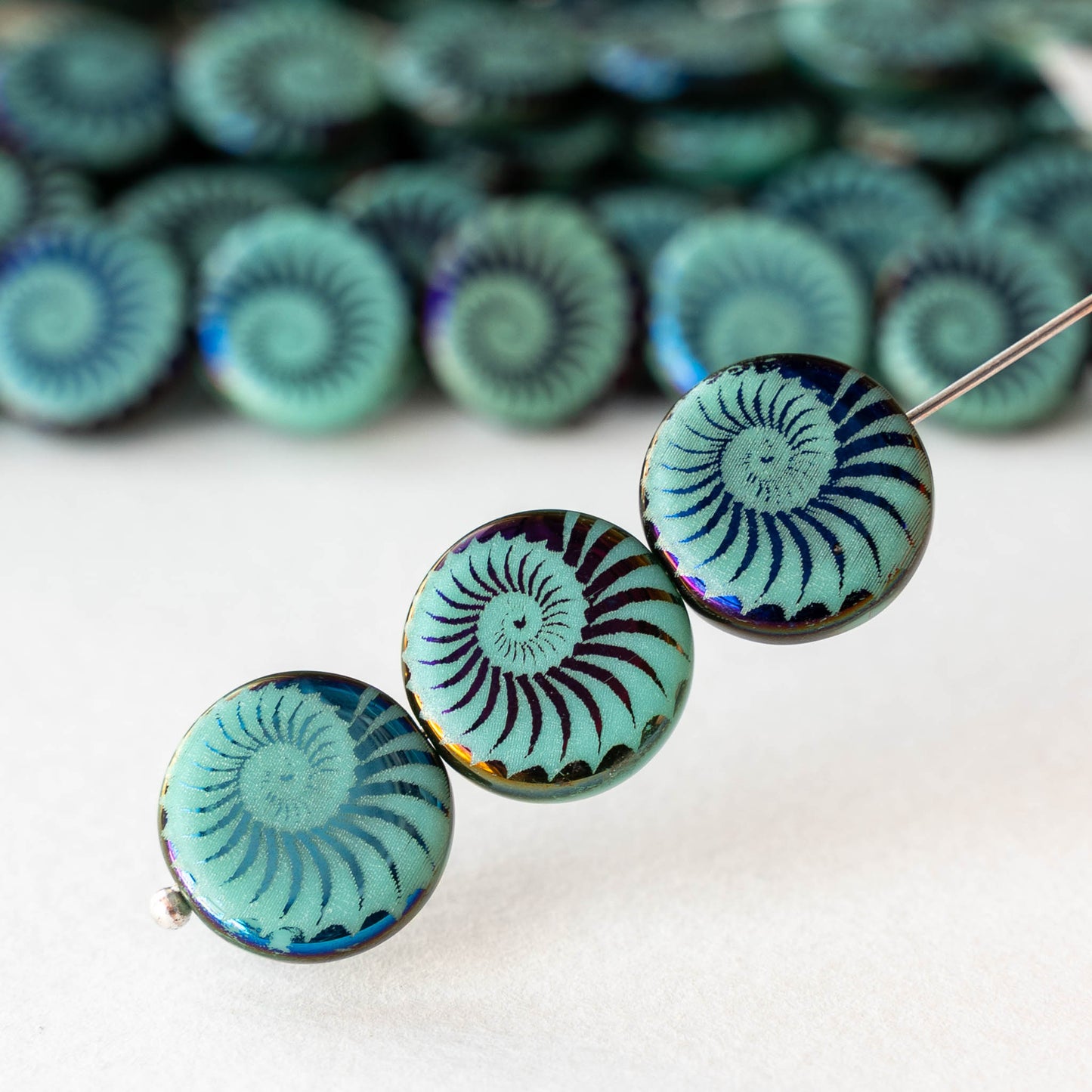 14mm Coin Beads - Opaque Turquoise with Metallic Blue Spiral - 8 beads