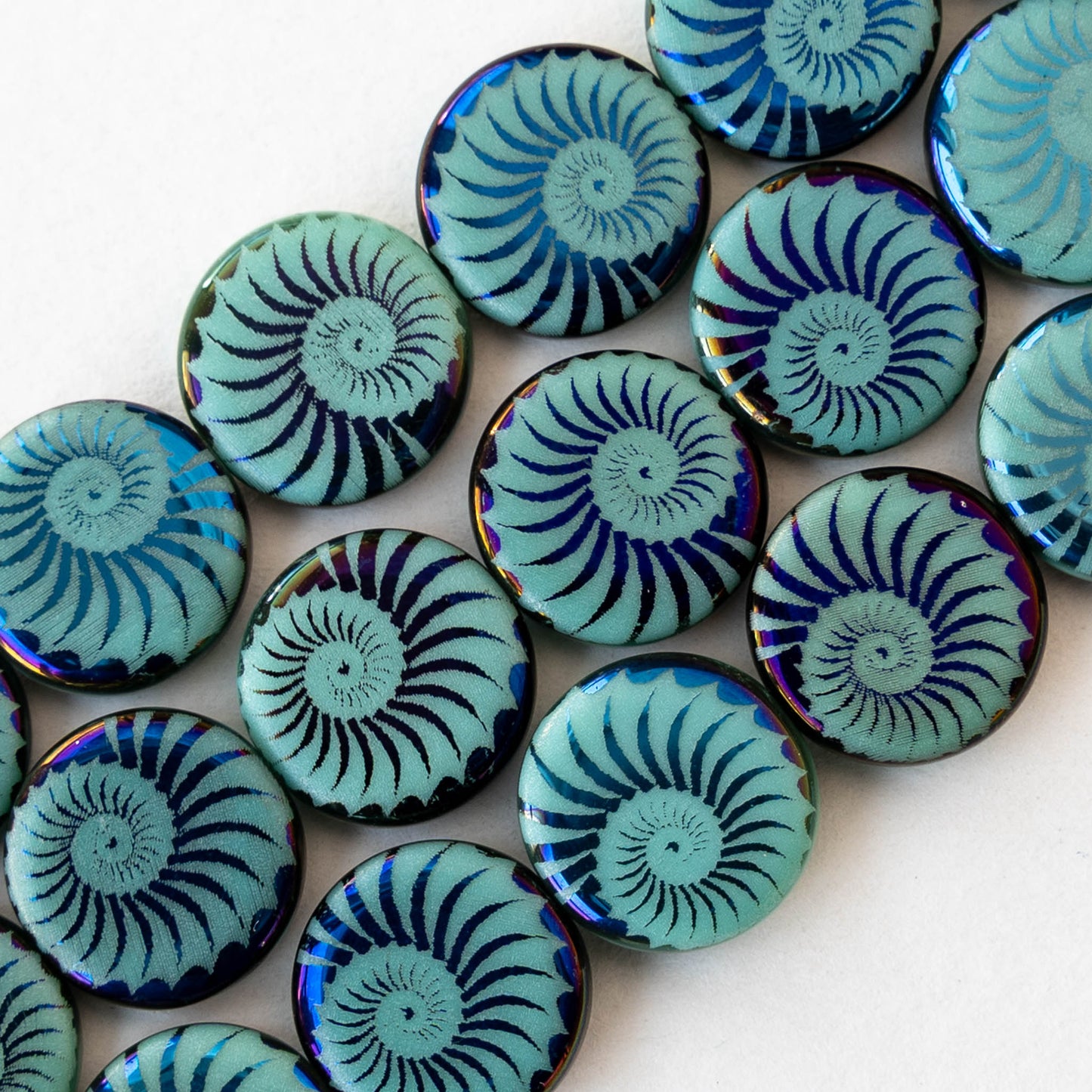 14mm Coin Beads - Opaque Turquoise with Metallic Blue Spiral - 8 beads