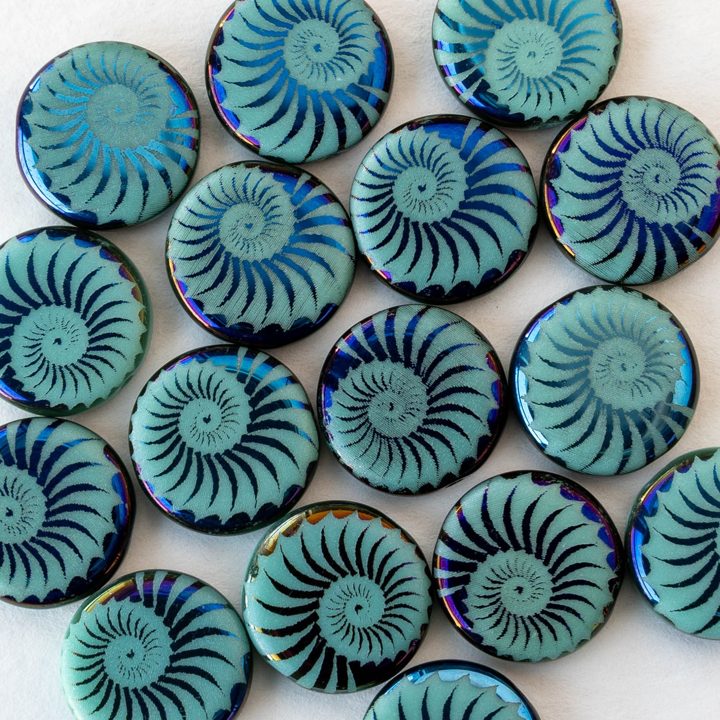 14mm Coin Beads - Opaque Turquoise with Metallic Blue Spiral - 8 beads