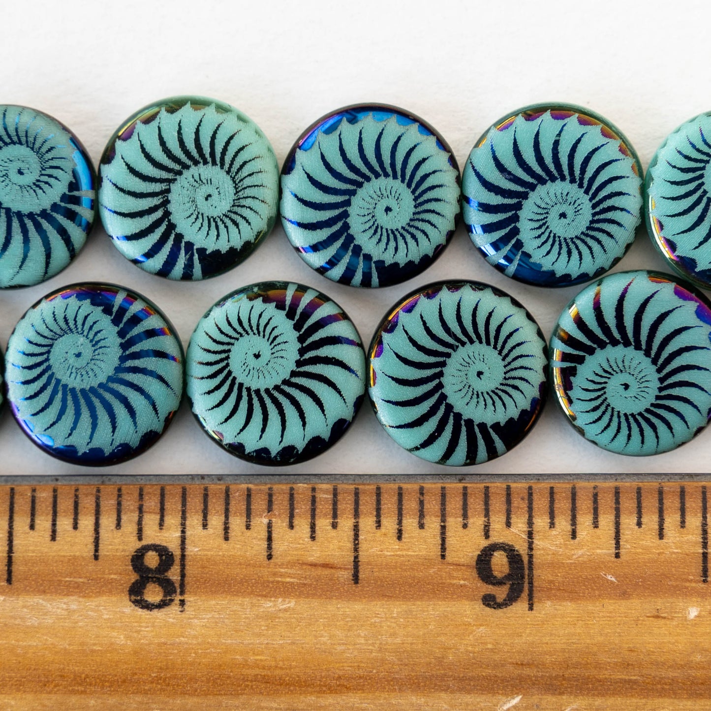 14mm Coin Beads - Opaque Turquoise with Metallic Blue Spiral - 8 beads