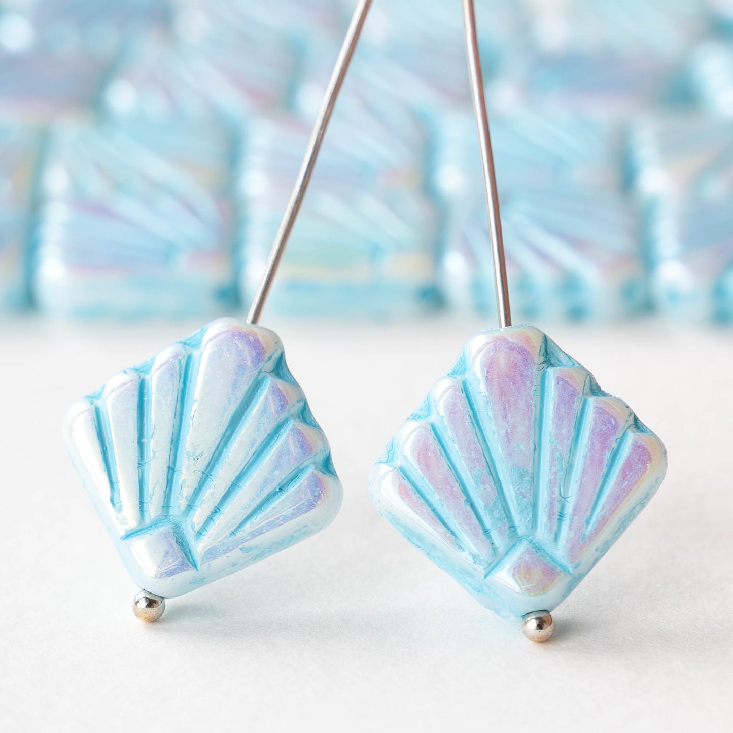14mm Glass Diafan Beads - White AB with Blue Wash - 6 or 12 beads