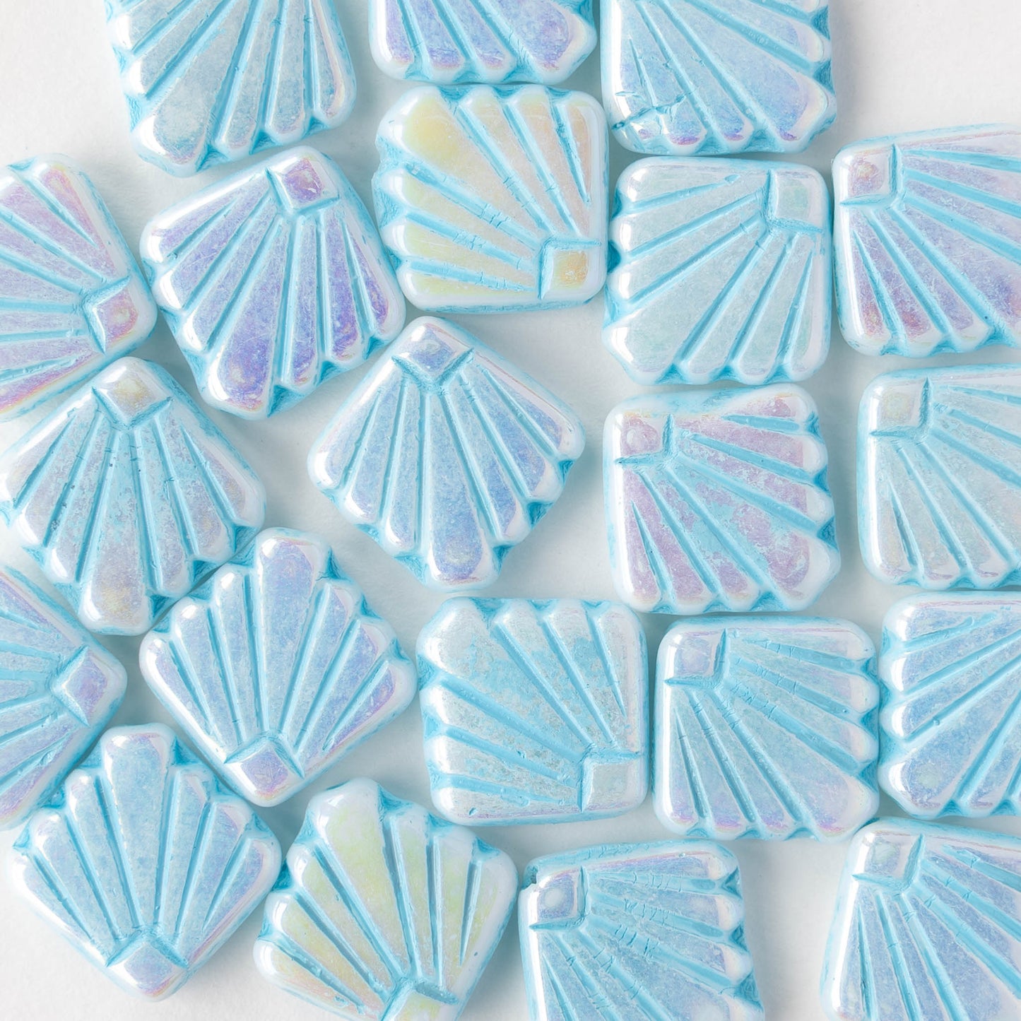 14mm Glass Diafan Beads - White AB with Blue Wash - 6 or 12 beads