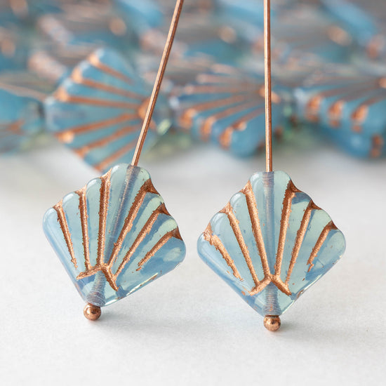 14mm Diafan Beads - Light Blue Opaline with Copper Wash - 8 beads