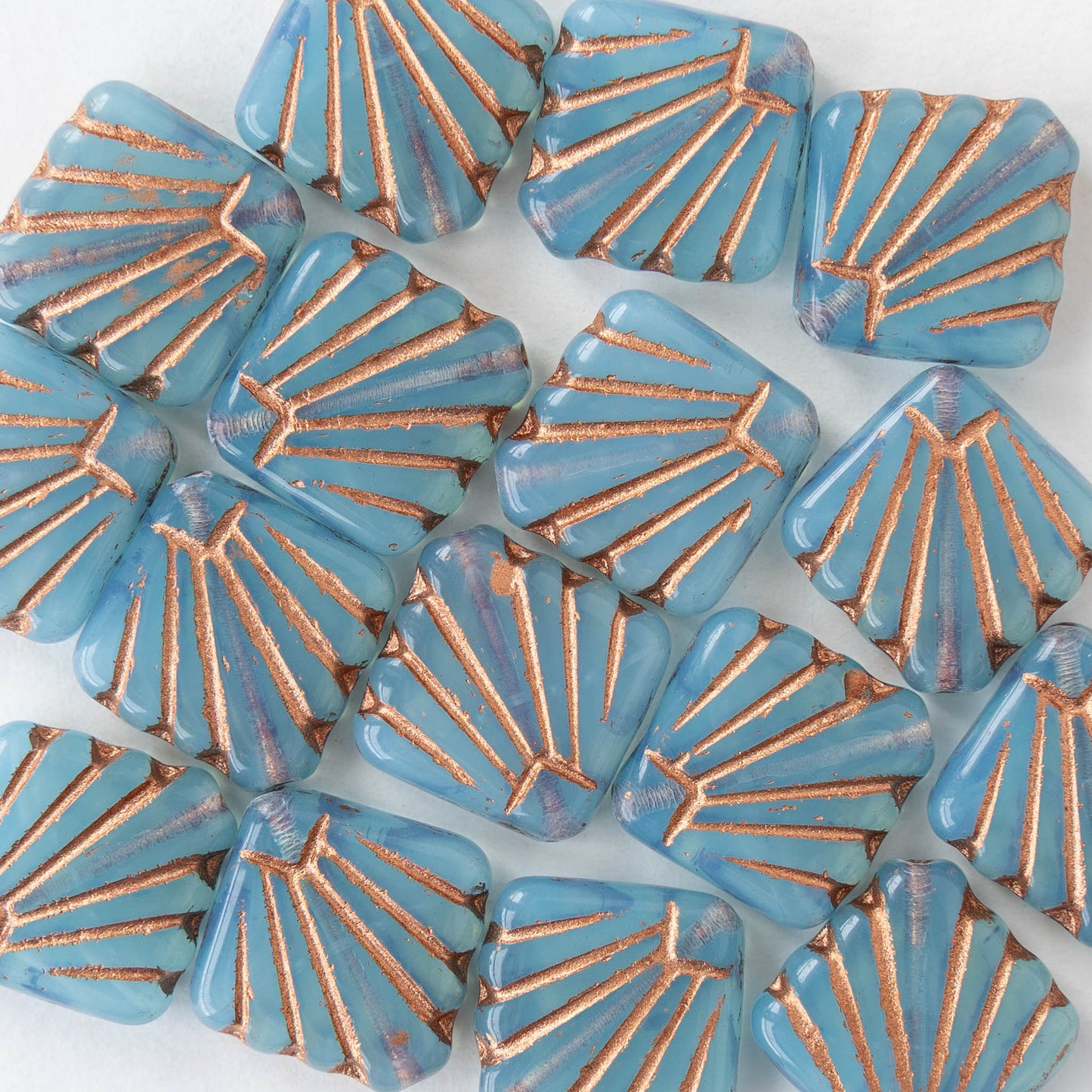 14mm Diafan Beads - Light Blue Opaline with Copper Wash - 8 beads