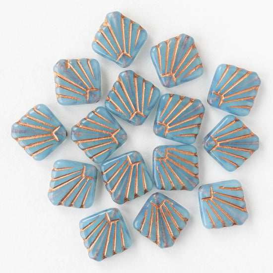 14mm Diafan Beads - Light Blue Opaline with Copper Wash - 8 beads