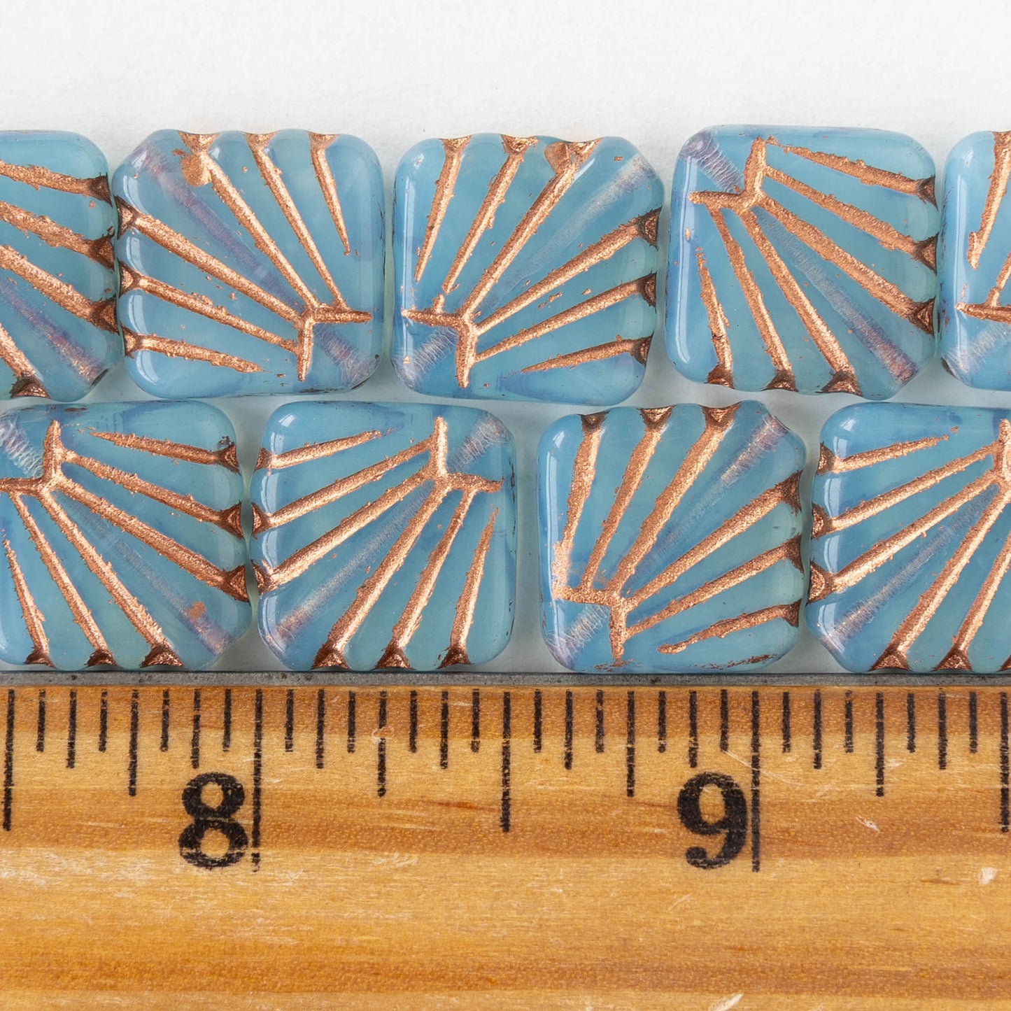 14mm Diafan Beads - Light Blue Opaline with Copper Wash - 8 beads