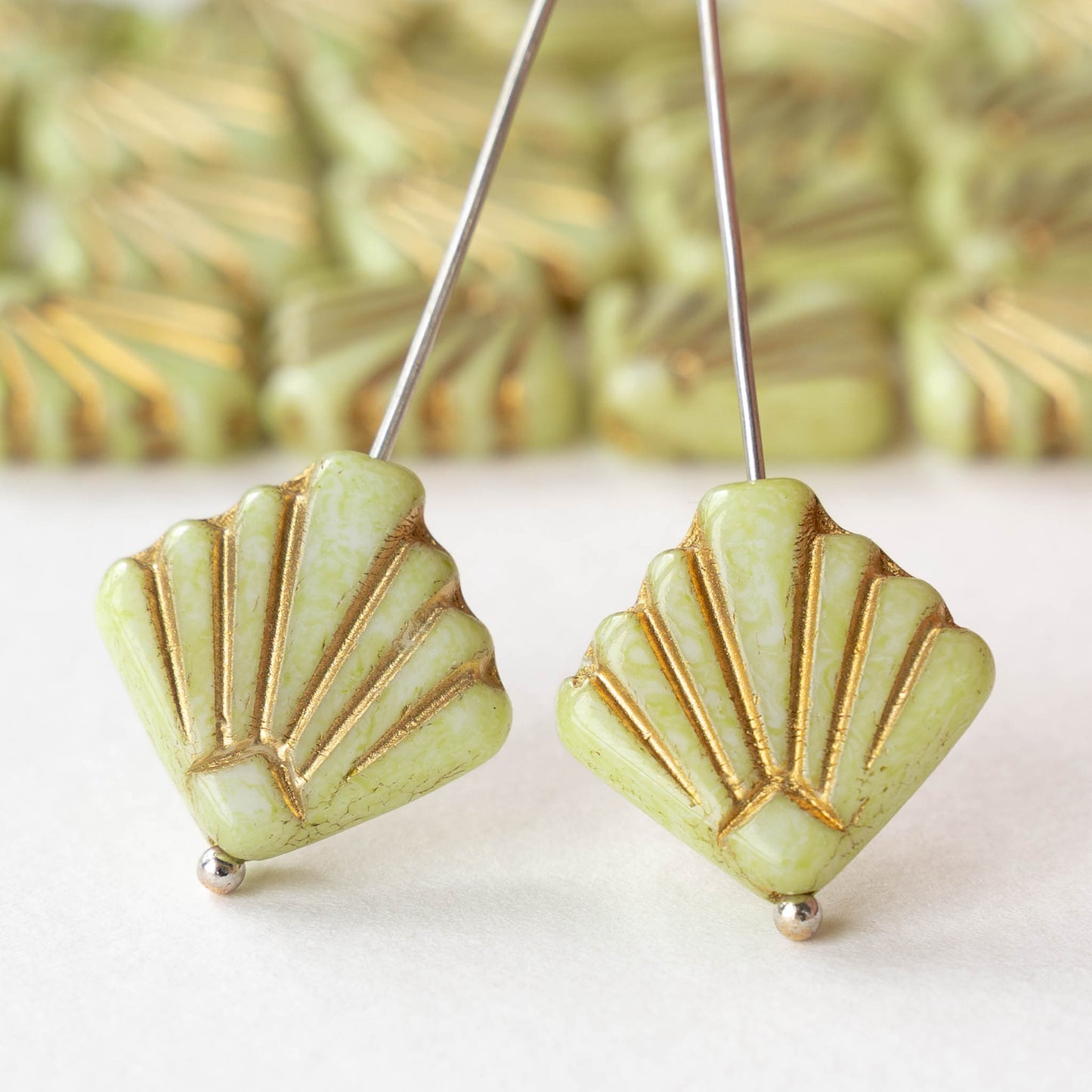 14mm Glass Diafan Beads - Light Green with Gold Wash - 6 or 12 beads