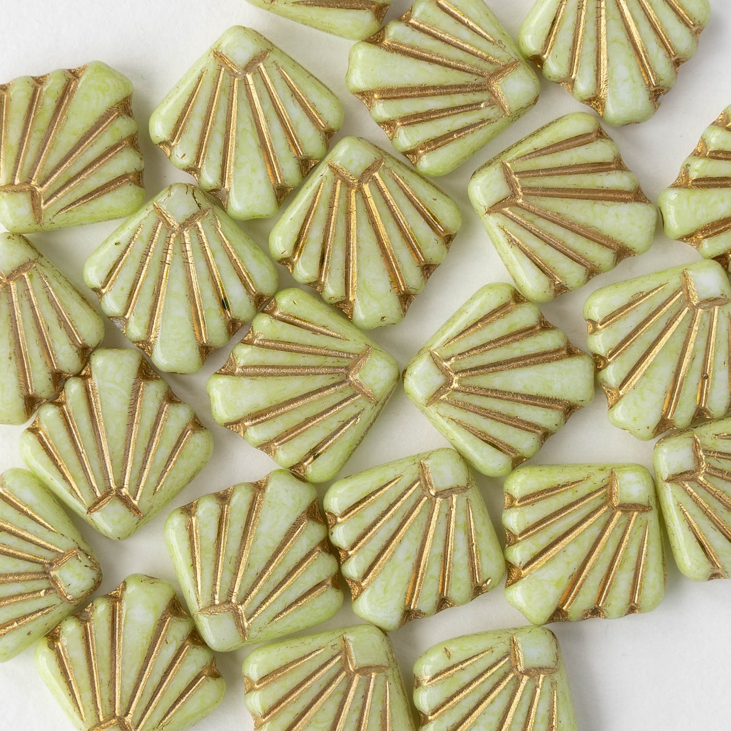 14mm Glass Diafan Beads - Light Green with Gold Wash - 6 or 12 beads