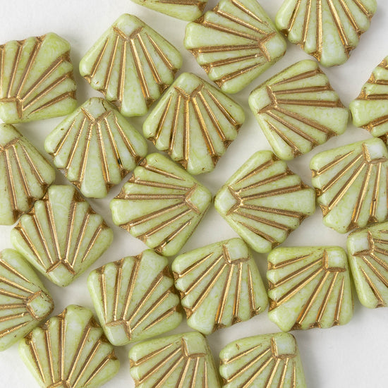 14mm Glass Diafan Beads - Light Green with Gold Wash - 6 or 12 beads