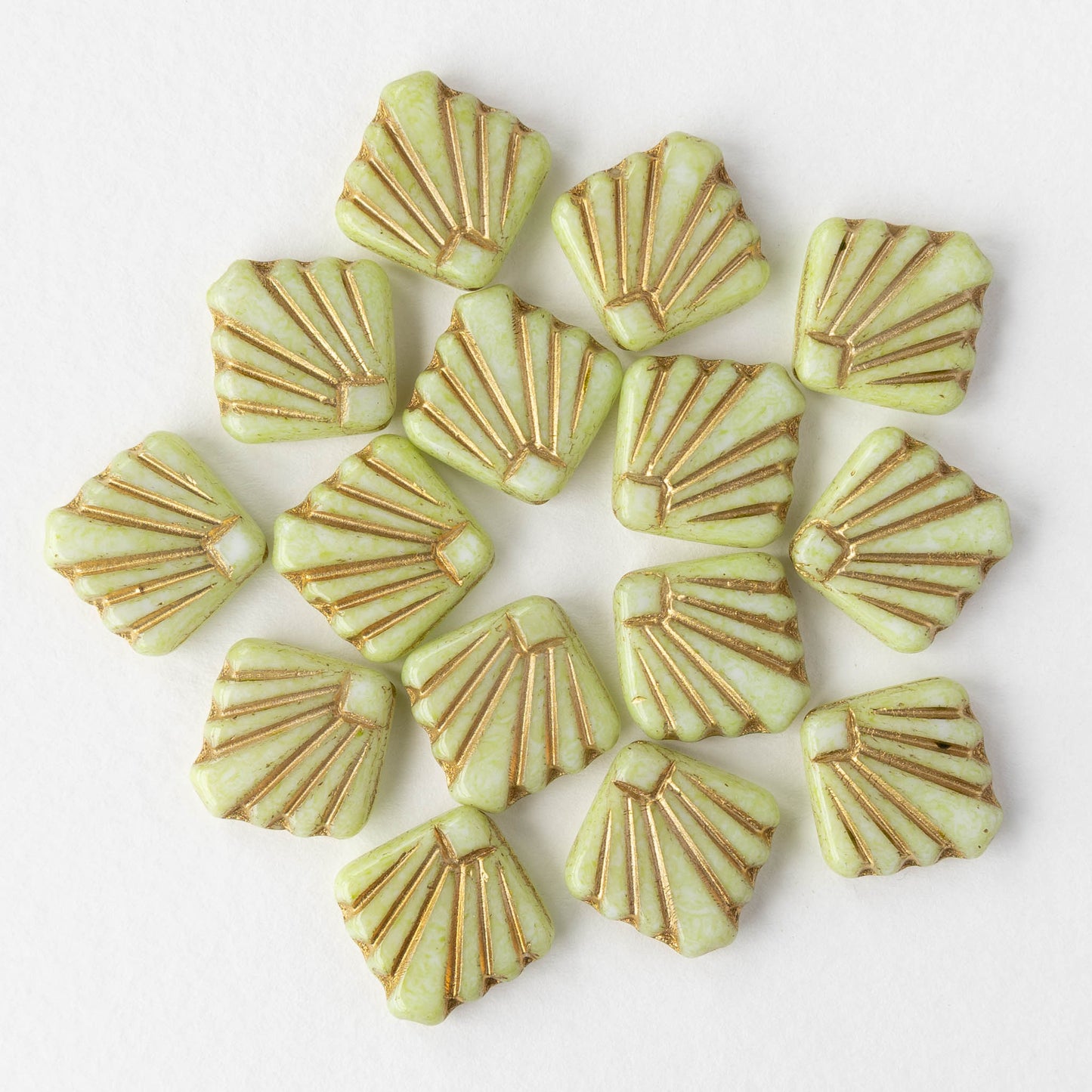 14mm Glass Diafan Beads - Light Green with Gold Wash - 6 or 12 beads