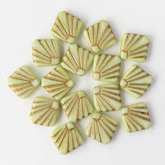 14mm Glass Diafan Beads - Light Green with Gold Wash - 6 or 12 beads