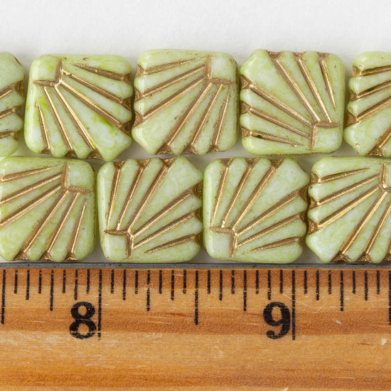 14mm Glass Diafan Beads - Light Green with Gold Wash - 6 or 12 beads