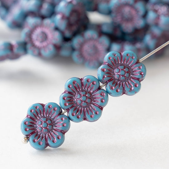 14mm Flower Beads - Blue with Pink Wash -12 Beads