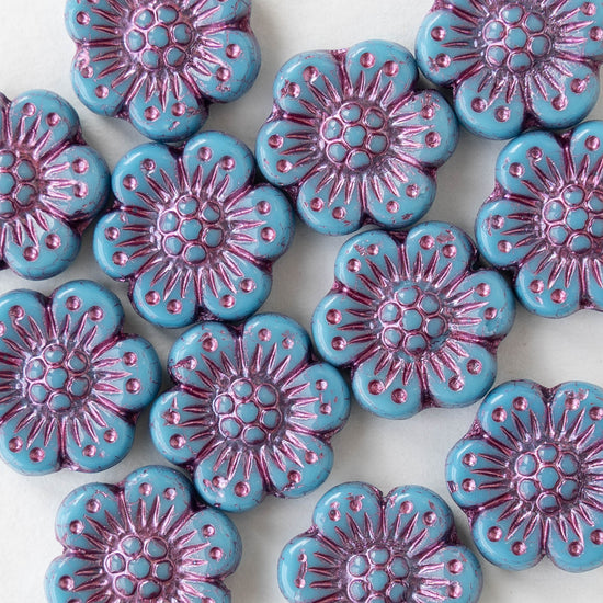 14mm Flower Beads - Blue with Pink Wash -12 Beads