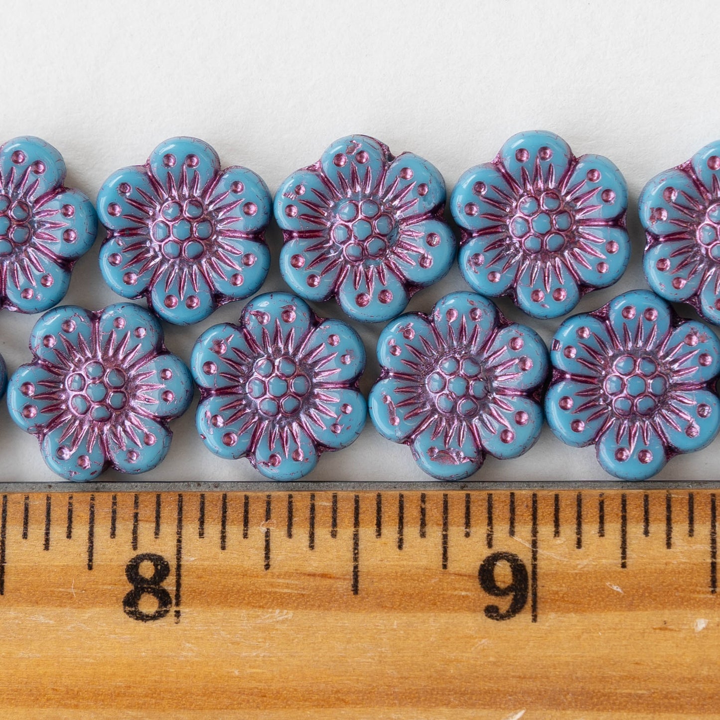 14mm Flower Beads - Blue with Pink Wash -12 Beads