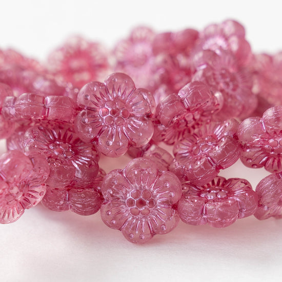 14mm Glass Flower Beads - Matte Light Pink with Pink Wash -12 Beads