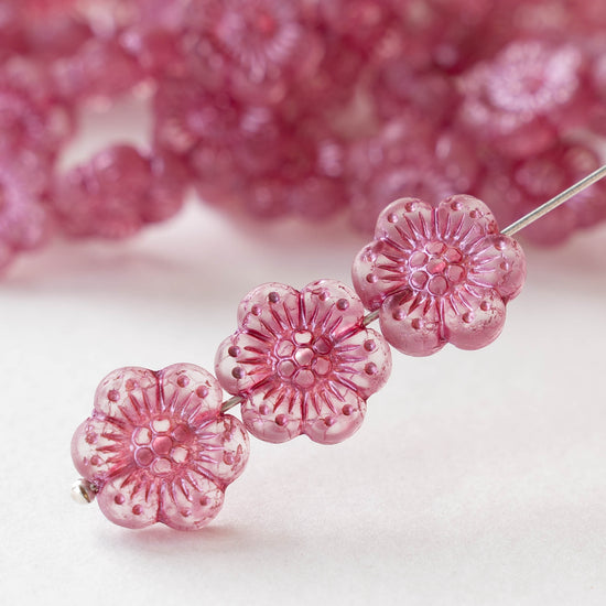 14mm Glass Flower Beads - Matte Light Pink with Pink Wash -12 Beads