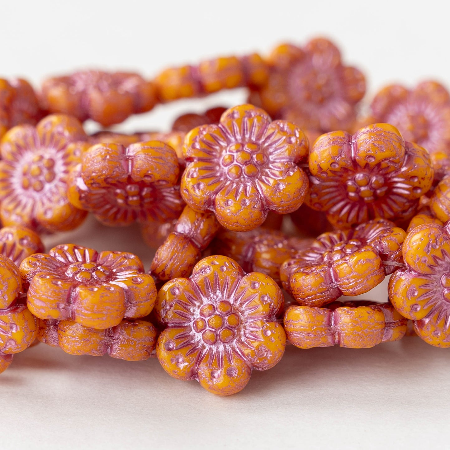 14mm Flower Beads - Opaque Orange with Pink Wash -12 Beads