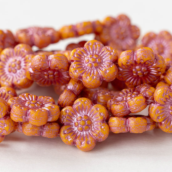 14mm Flower Beads - Opaque Orange with Pink Wash -12 Beads