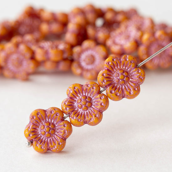 14mm Flower Beads - Opaque Orange with Pink Wash -12 Beads