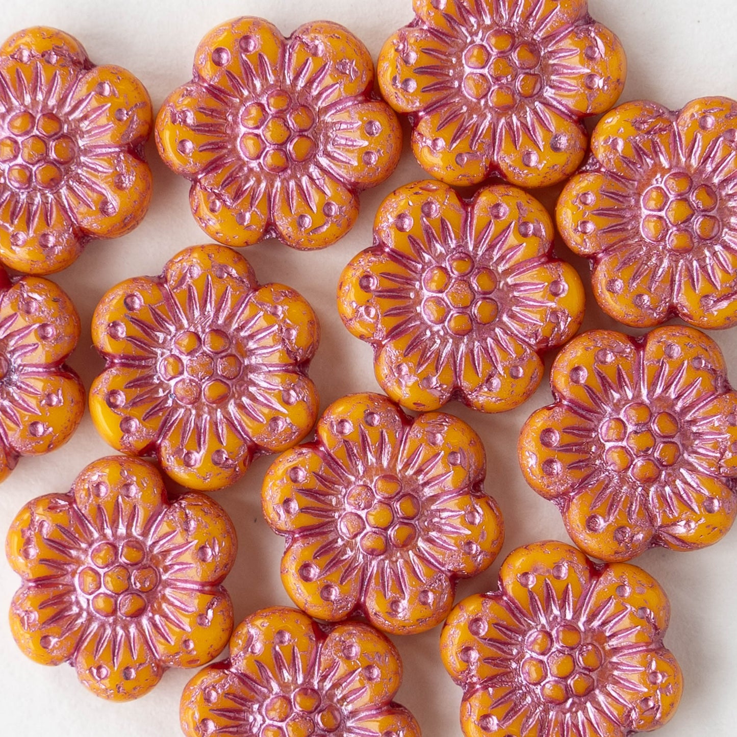 14mm Flower Beads - Opaque Orange with Pink Wash -12 Beads