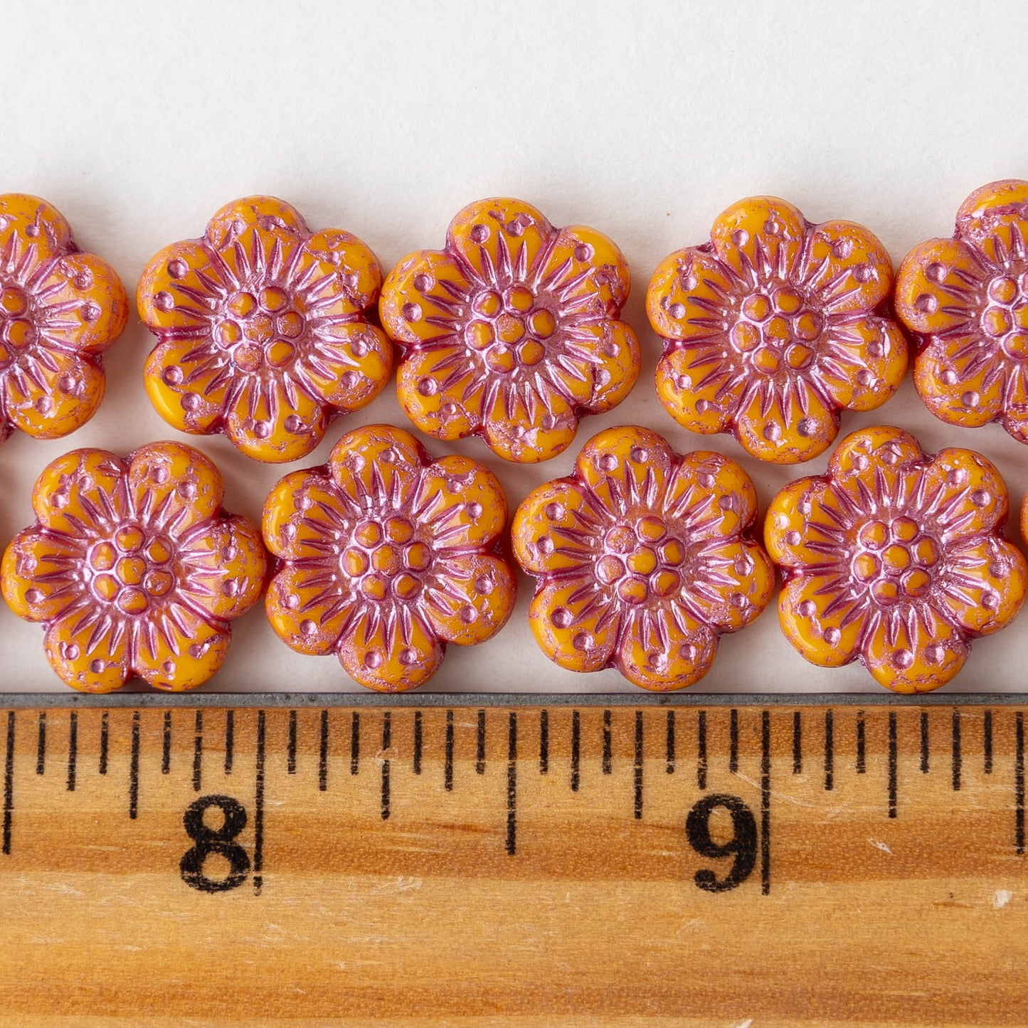 14mm Flower Beads - Opaque Orange with Pink Wash -12 Beads