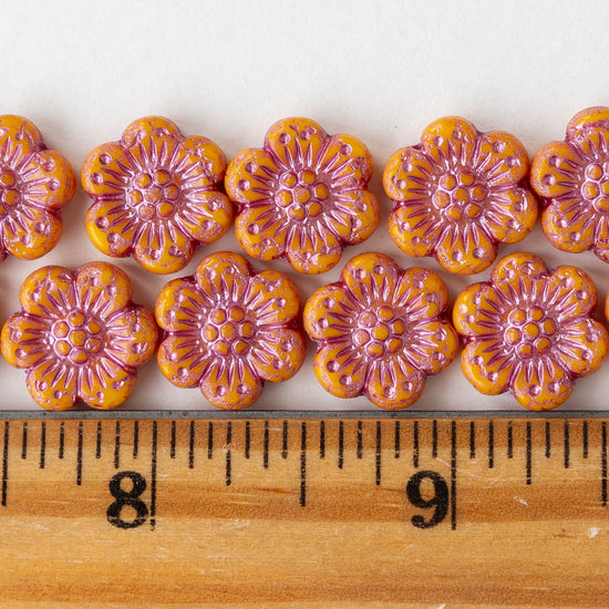 14mm Flower Beads - Opaque Orange with Pink Wash -12 Beads