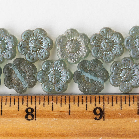 14mm Flower Beads - Sage Green Matte AB -12 Beads