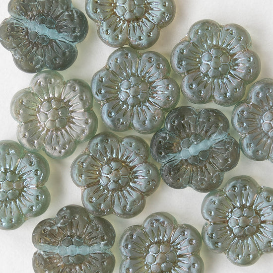 14mm Flower Beads - Sage Green Matte AB -12 Beads