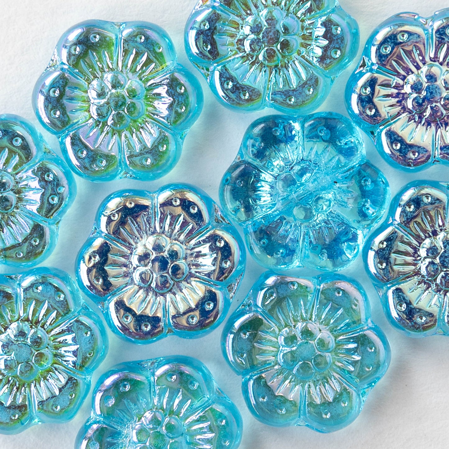 14mm Glass Flower Beads - Transparent Aqua AB - 10 Beads