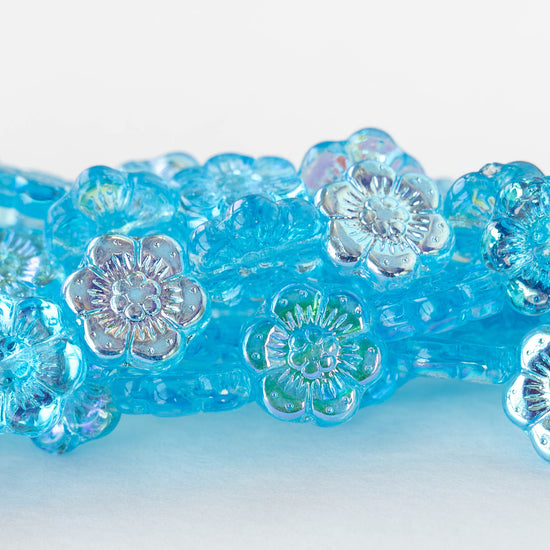 14mm Glass Flower Beads - Transparent Aqua AB - 10 Beads