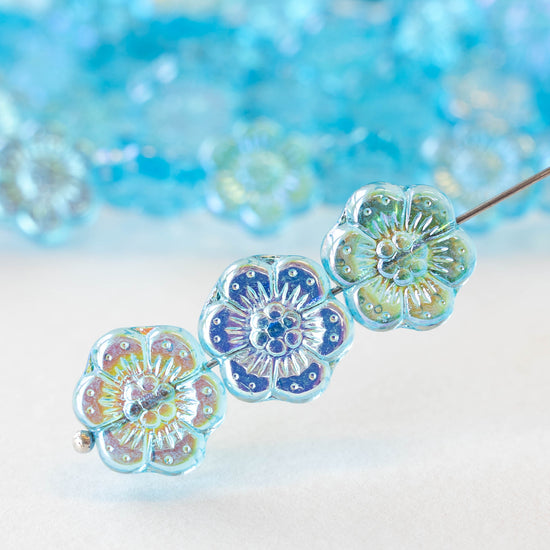 14mm Glass Flower Beads - Transparent Aqua AB - 10 Beads