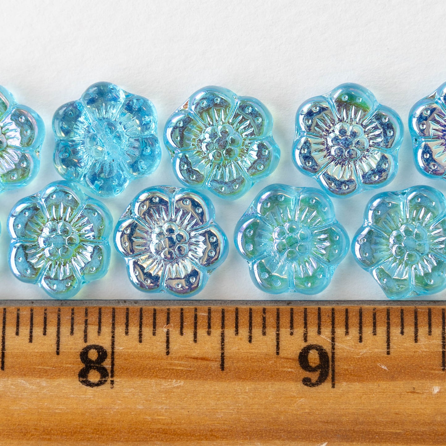 14mm Glass Flower Beads - Transparent Aqua AB - 10 Beads