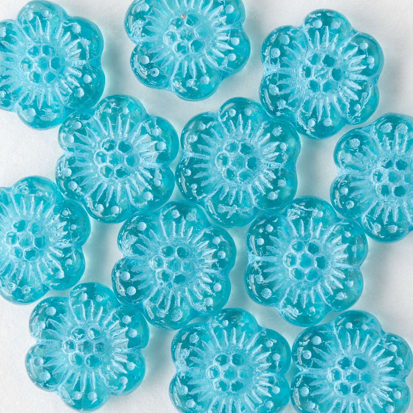 14mm Glass Flower Beads - Transparent Aqua with Light Blue Wash -12 Beads