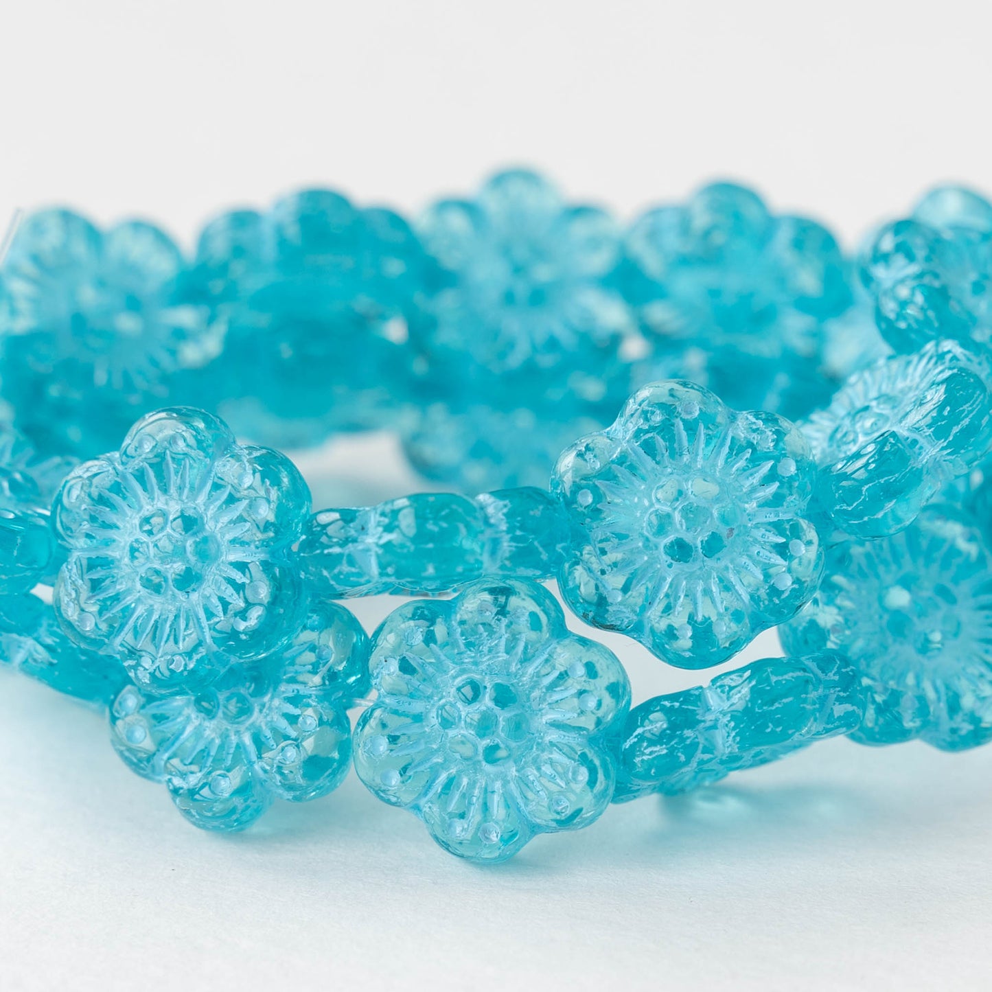 14mm Glass Flower Beads - Transparent Aqua with Light Blue Wash -12 Beads