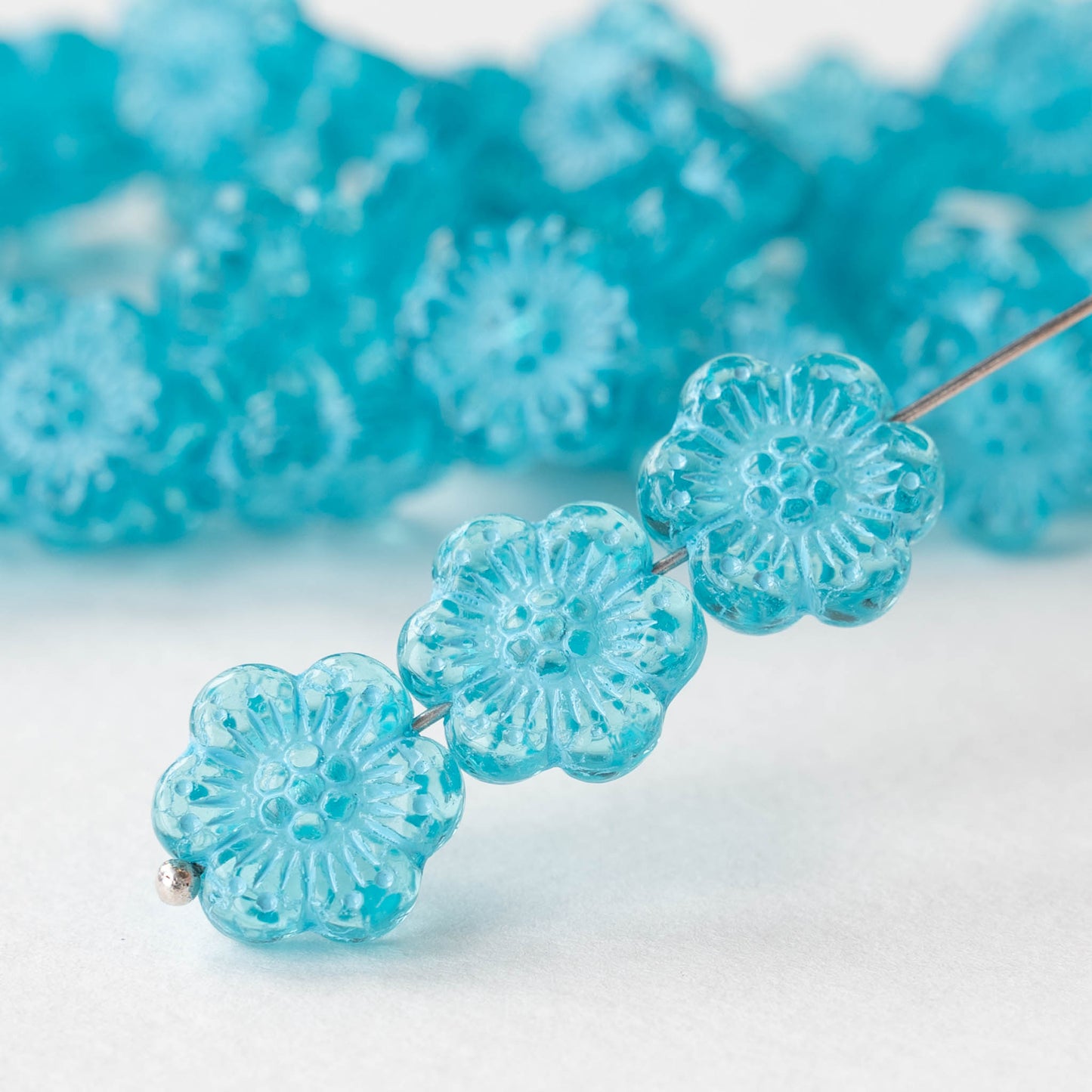 14mm Glass Flower Beads - Transparent Aqua with Light Blue Wash -12 Beads