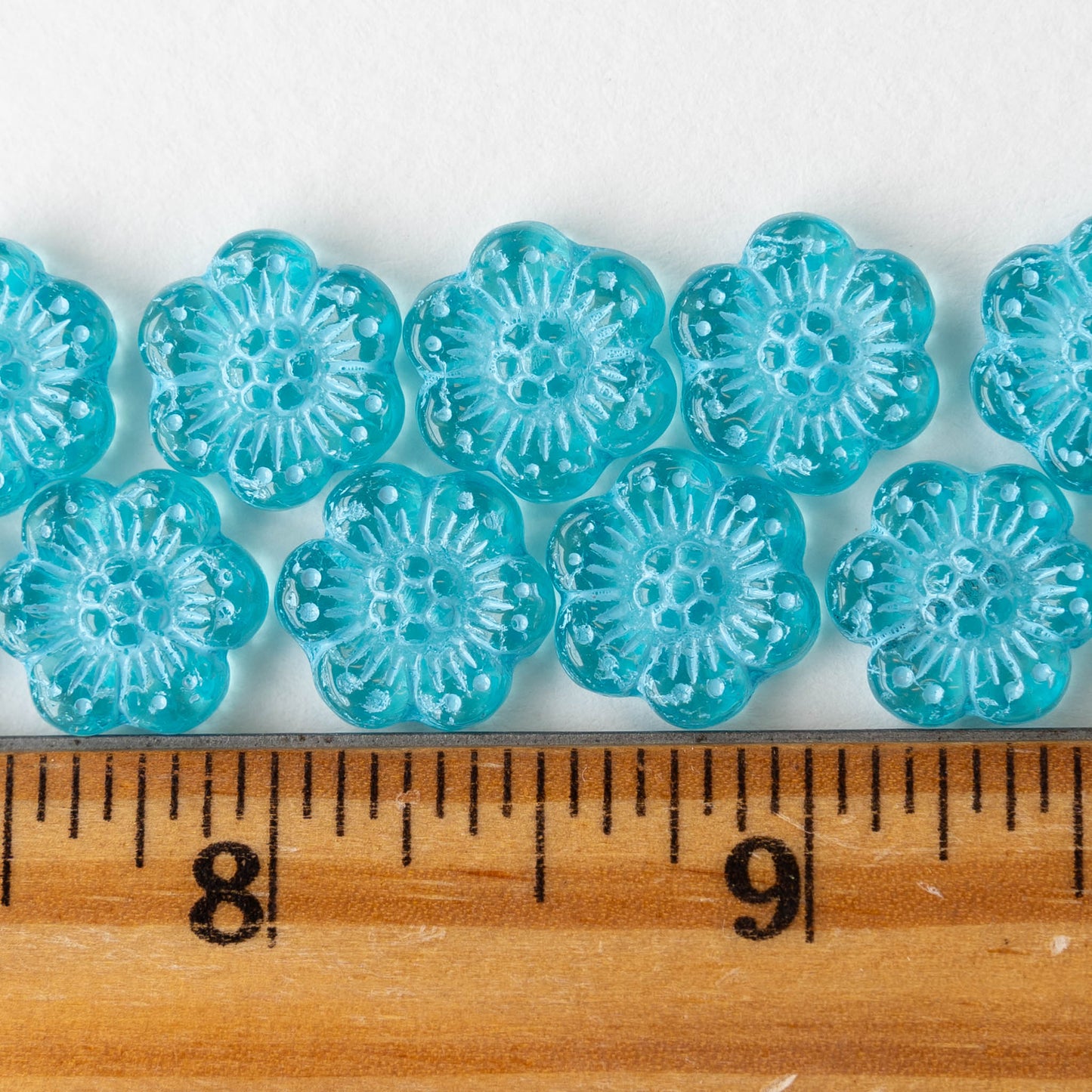 14mm Glass Flower Beads - Transparent Aqua with Light Blue Wash -12 Beads